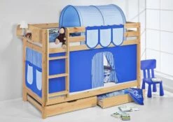 Lit Superposés Pin Massif Et Rideau Bleu -Disney Cars Soldes lit superposes pin massif et rideau bleu 74523