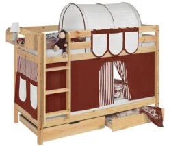 Lit Superposés Pin Massif Et Rideau Marron