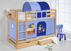 Lit Superposés Pin Massif Et Rideau Priate Bleu 2 -Disney Cars Soldes lit superposes pin massif et rideau priate bleu 74499