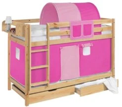 Lit Superposés Pin Massif Et Rideau Rose