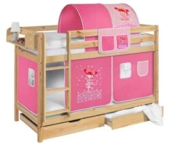 Lit Superposés Pin Massif Et Rideau Rose Fée