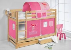 Lit Superposés Pin Massif Et Rideau Rose Fée -Disney Cars Soldes lit superposes pin massif et rideau rose fee 74519