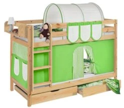 Lit Superposés Pin Massif Et Rideau Vert