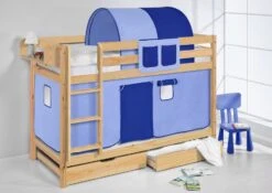 Lit Superposés Pin Massif Naturel Et Rideau Bleu -Disney Cars Soldes lit superposes pin massif naturel et rideau bleu 74473