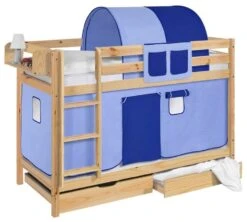 Lit Superposés Pin Massif Naturel Et Rideau Bleu