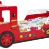 Lit Voiture Pompier 90x200 Cm Bois Laqué Rouge Cara