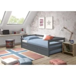 SIMBA Lit Gigogne Enfant Classique En Bois Pin Massif Verni Et Gris Anthracite - L 90 X L 190 Cm