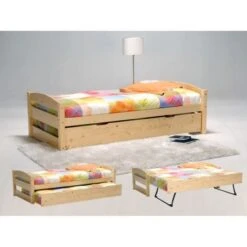 THOMAS Lit Gigogne Contemporain En Bois épicéa Massif Vernis Naturel + Pieds En Métal + Sommiers - L 90 X L 190 Cm
