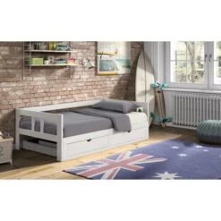 TIANA Lit Gigogne Enfant Contemporain En Bois Pin Massif Verni Blanc - L 90 X L 190 Cm -Disney Cars Soldes tiana lit gigogne enfant contemporain en bois pin massif verni blanc l 90 x l 190 cm 3428156003732 453420